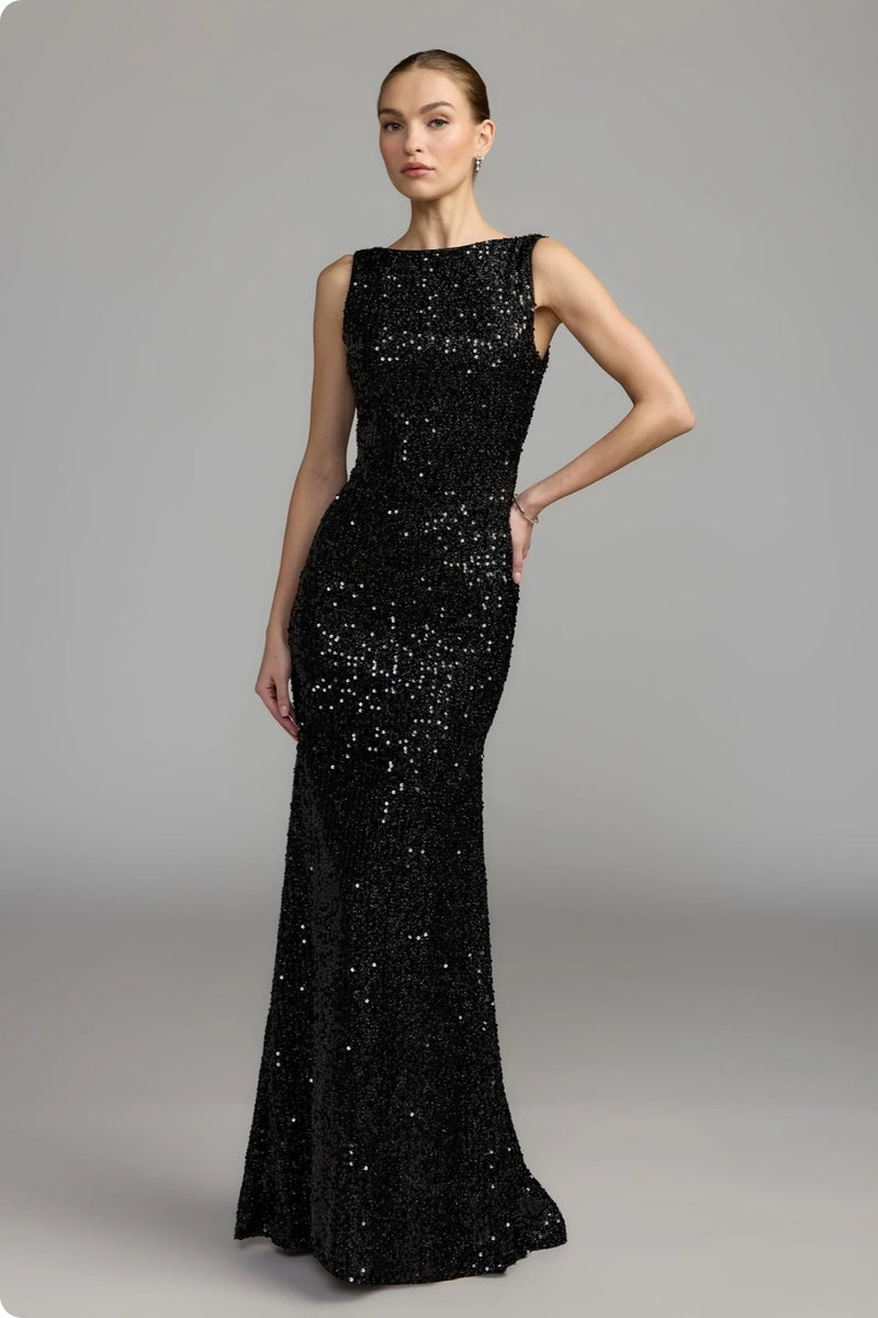 26331-Black Cowl Back Boat Neck Sequined Evening Gown polyester evening-gowns by Mac Duggal in black for women Worldwide