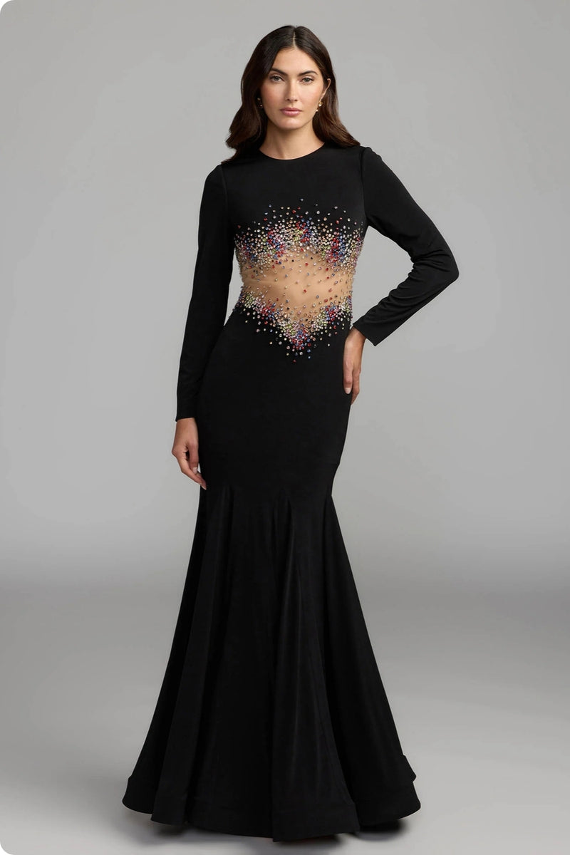 21432-Black Crystal Embellished Illusion Jersey Gown polyester evening-gowns by Mac Duggal in black for women Worldwide