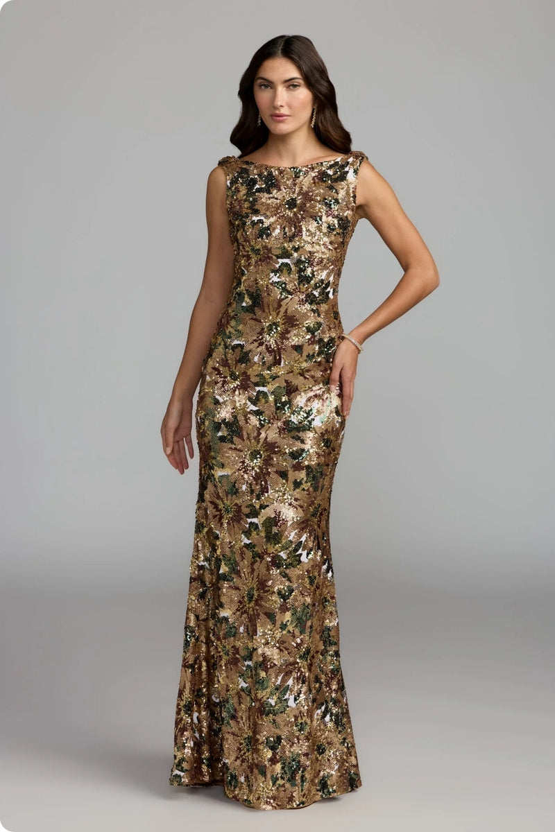 21392-Gold Floral Sequin Cowl Back Trumpet Gown polyester evening-gowns by Mac Duggal in multi-color for women Worldwide