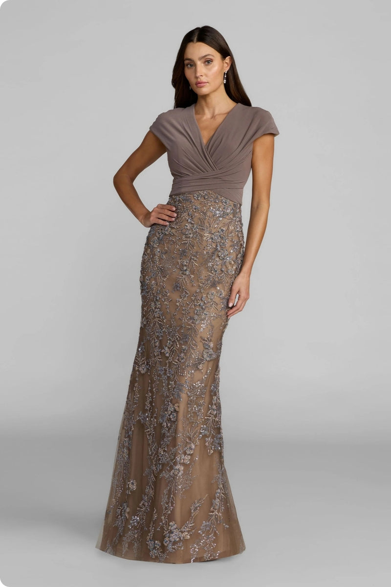 21291-Beige Jersey Wrap Top Floral Sequin Gown polyester evening-gowns by Mac Duggal in multi-color for women Worldwide