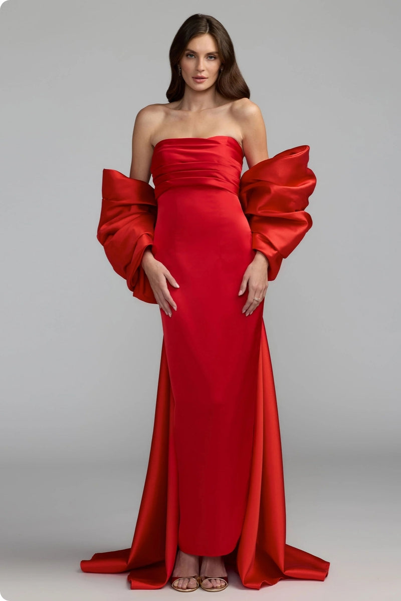 21192-Red Satin Column Gown With Oversized Bow polyester evening-gowns by Mac Duggal in red for women Worldwide