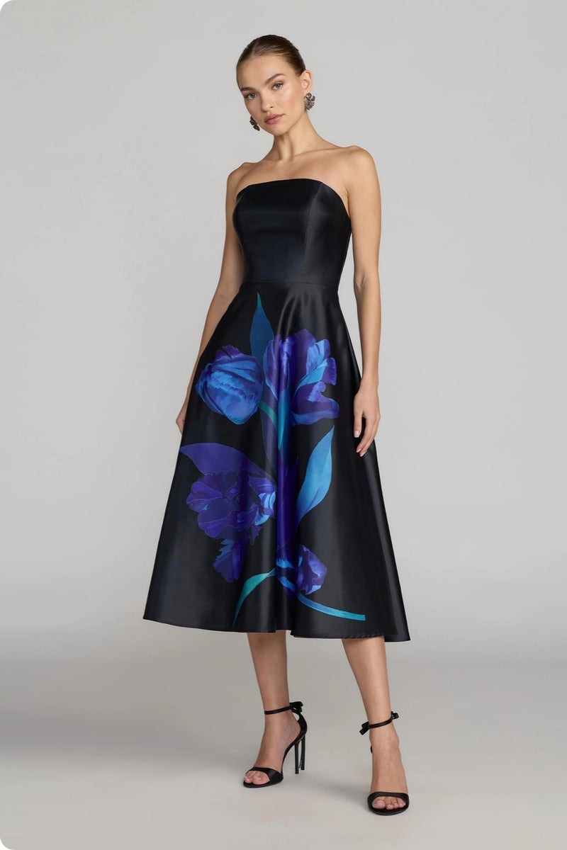 21075-Black Strapless Satin Midi Dress With Flower Print polyester cocktail-and-party-dresses by Mac Duggal in multi-color for women Worldwide