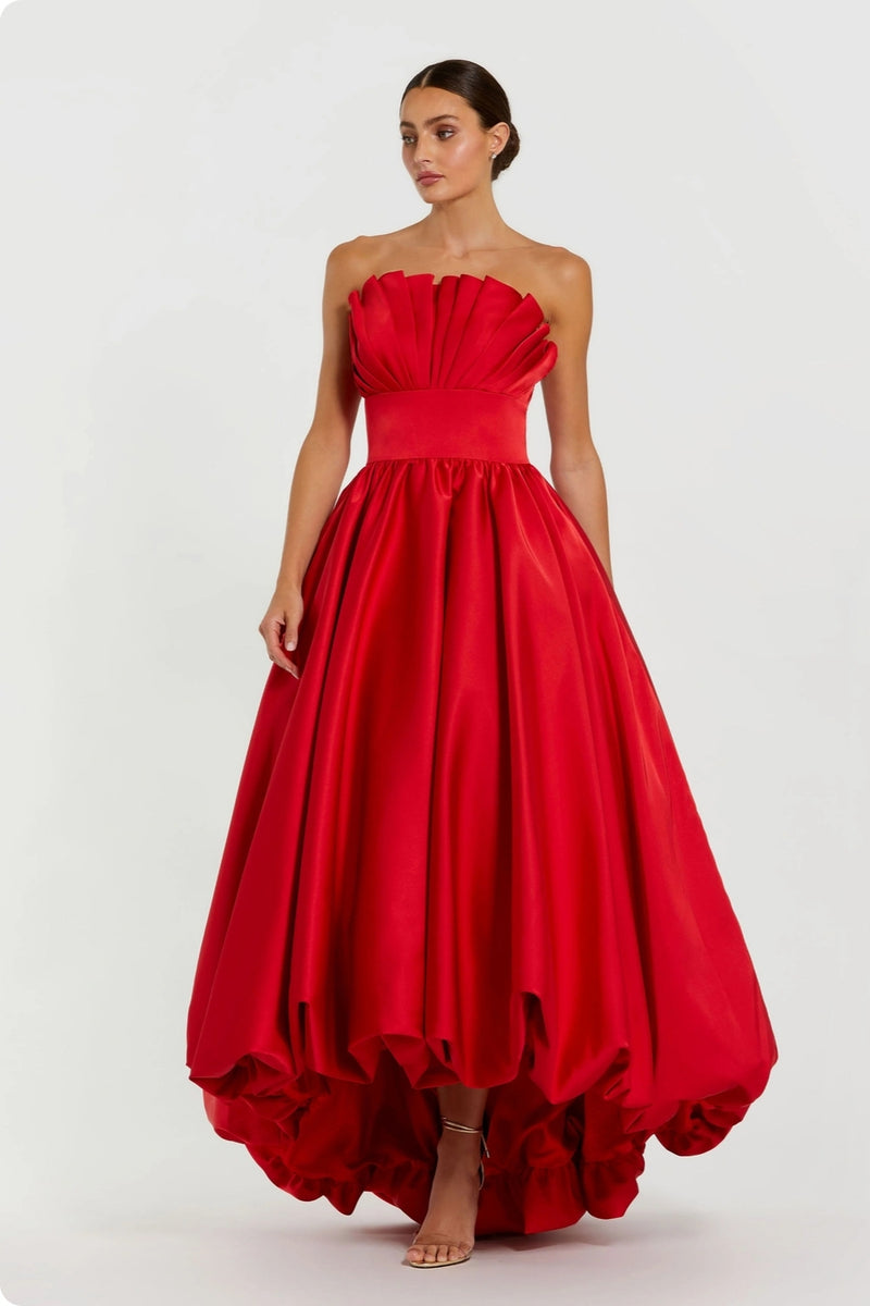 21037-Red Strapless Bubble Hem High Low Ball Gown polyester cocktail-and-party-dresses by Mac Duggal in red for women Worldwide