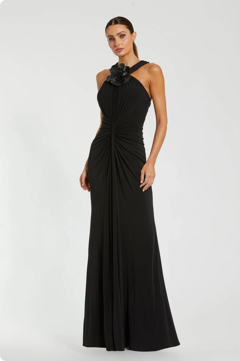 21006-Black Jersey Halter Neck Gown With 3D Flower polyester evening-gowns by Mac Duggal in black for women Worldwide