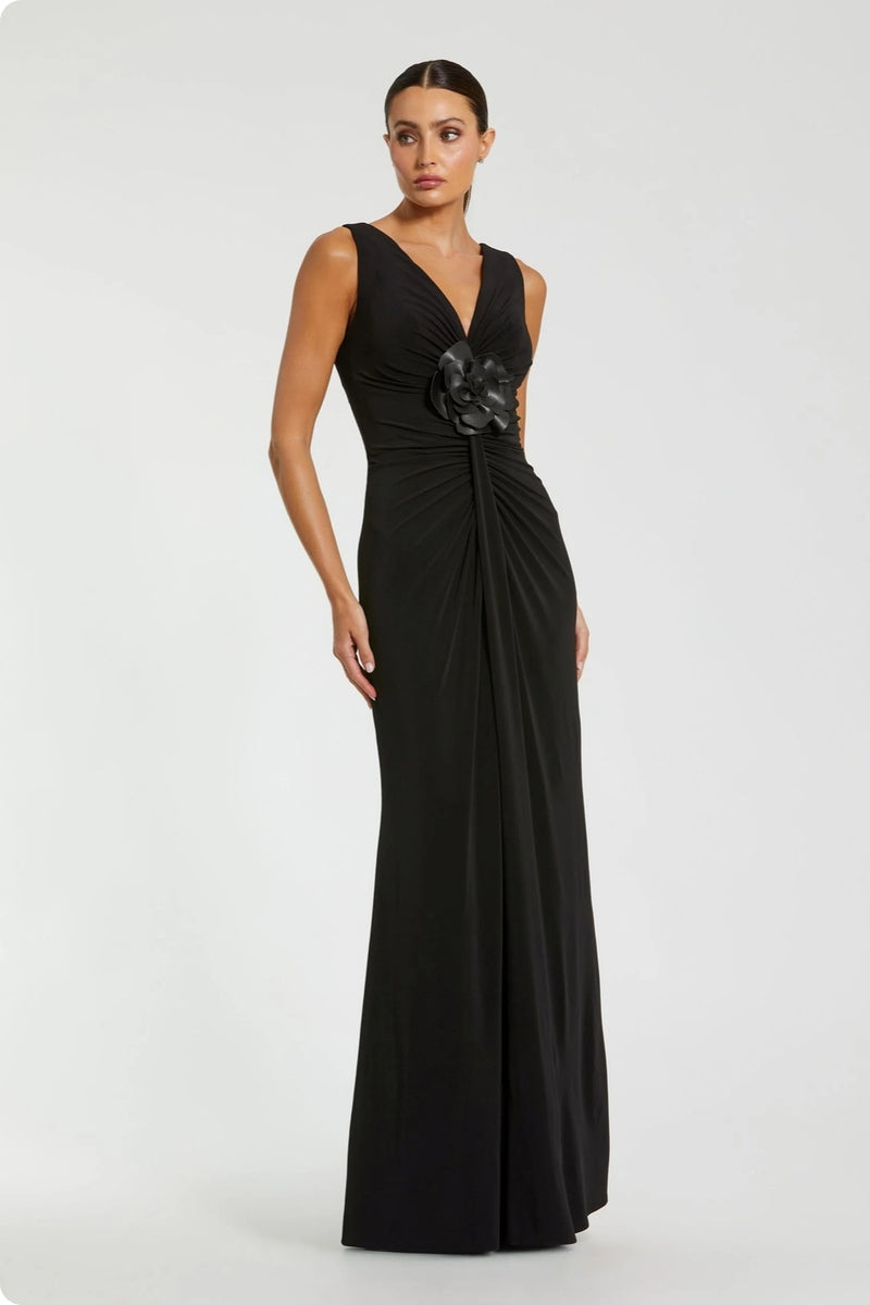 21005-Black Sleeveless Jersey Gown With 3D Flower polyester evening-gowns by Mac Duggal in black for women Worldwide