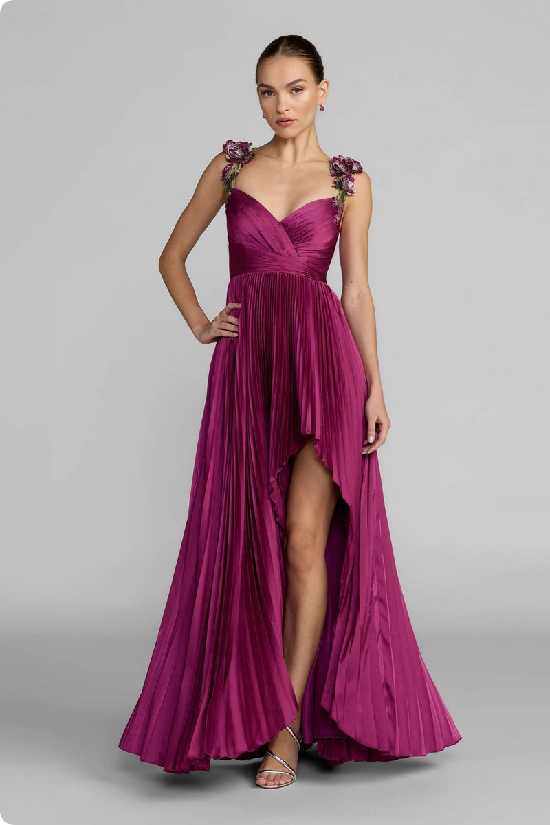 13263-Magenta Pleated High Low Gown With 3D Floral Straps polyester evening-gowns by Mac Duggal in pink for women Worldwide
