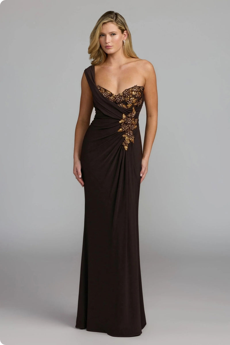 13243-Brown One Shoulder Embellished Jersey Gown polyester evening-gowns by Mac Duggal in brown for women Worldwide