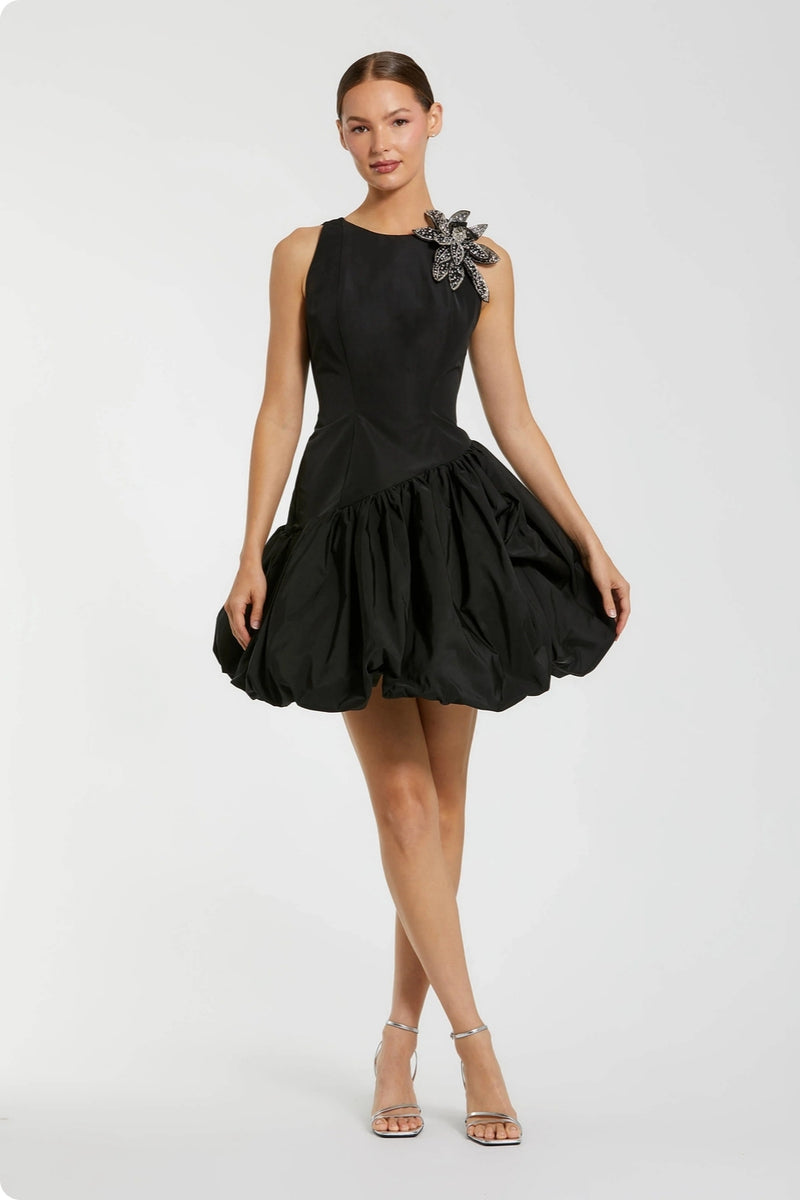11952-Black Bubble Hem Mini Dress with 3D Floral Appliqué polyester cocktail-and-party-dresses by Mac Duggal in black for women Worldwide