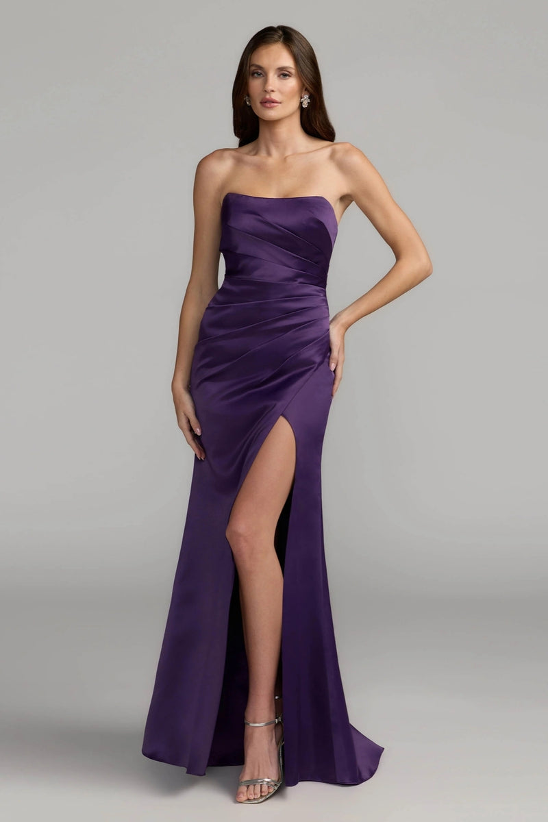 11653-Dark Purple Strapless Satin Gown With Slit polyester evening-gowns by Mac Duggal in purple for women Worldwide