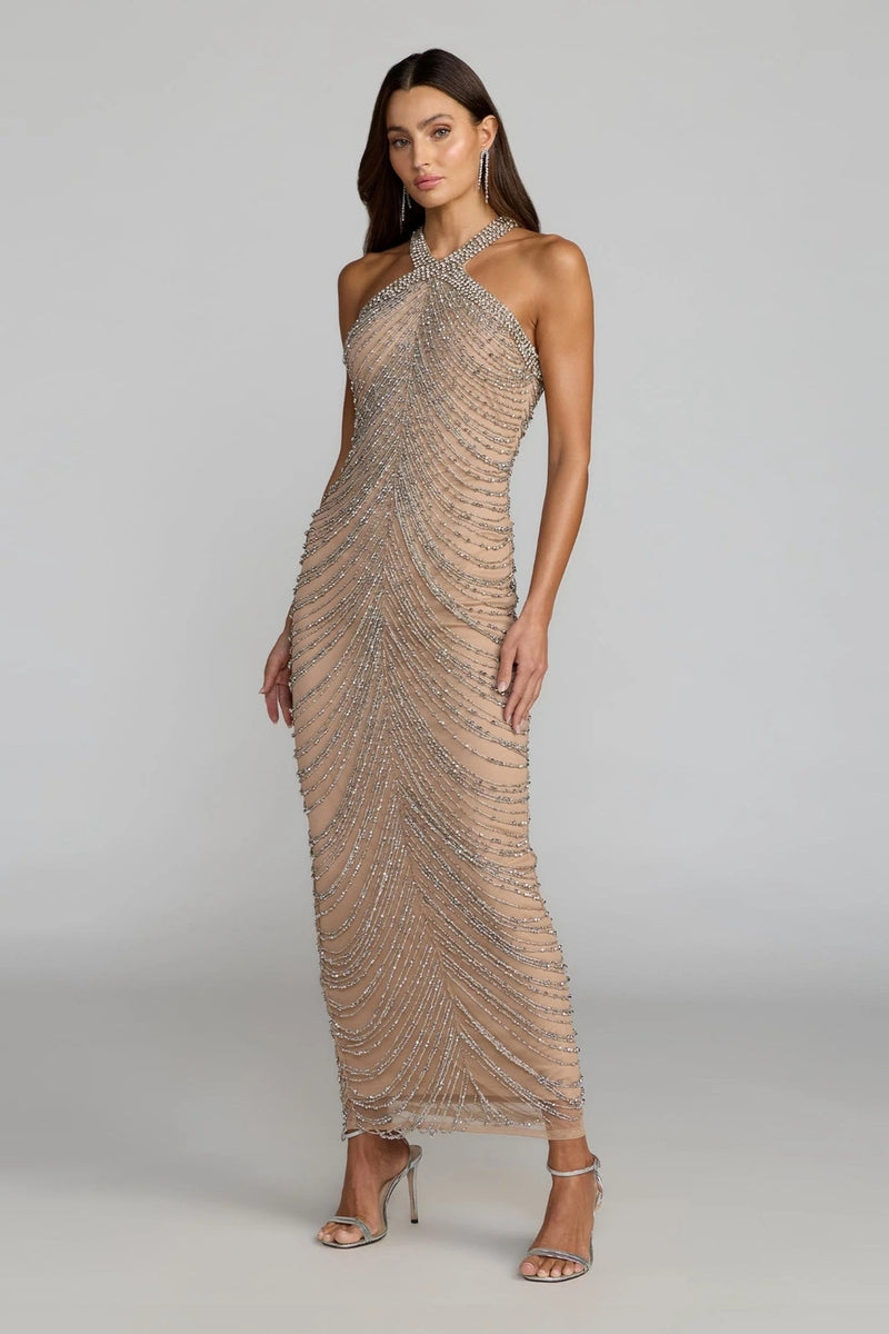 10206-Beige Halter Neck Embellished Maxi Dress polyester evening-gowns by Mac Duggal in grey for women Worldwide