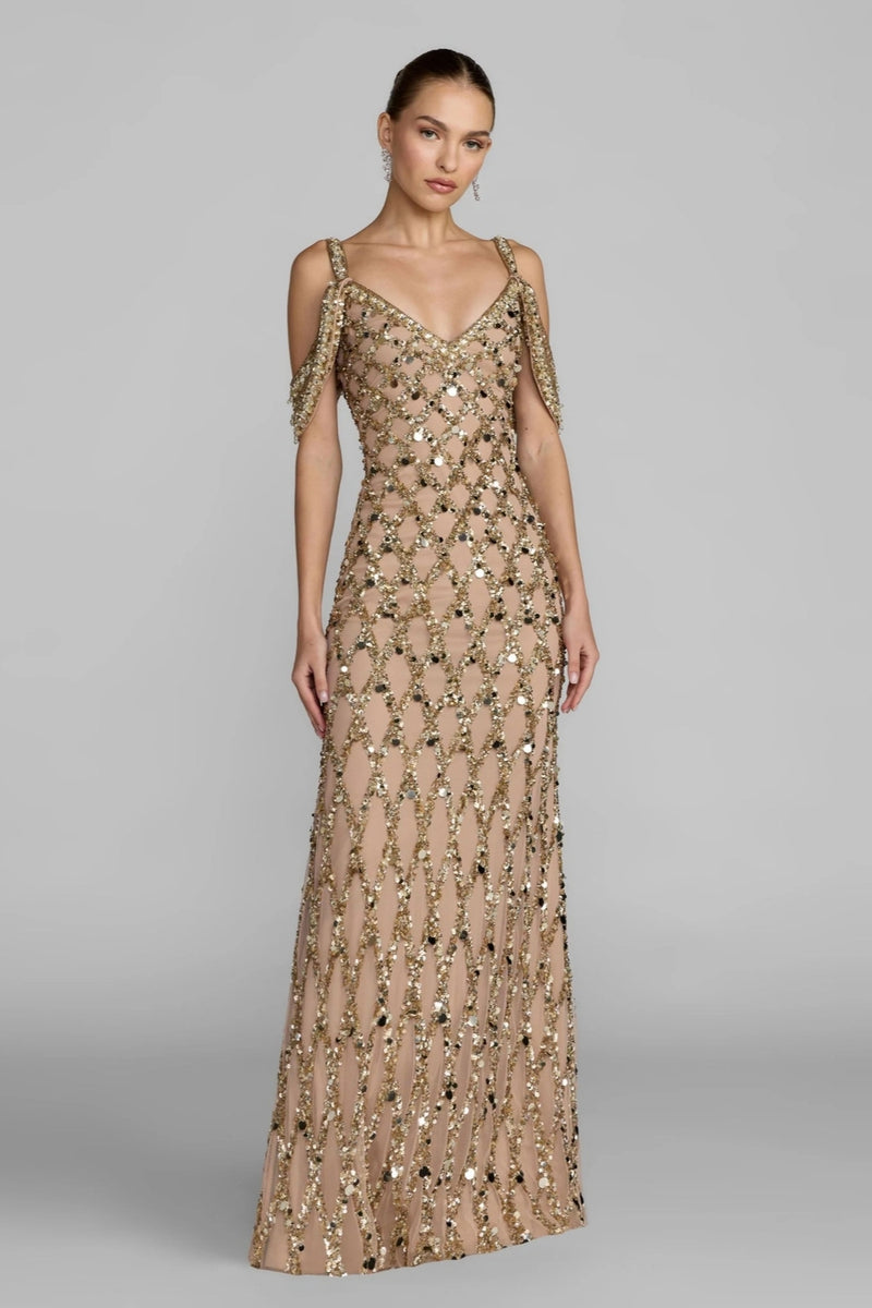 10139-Gold Sequin Embellished V-Neck Gown polyester evening-gowns by Mac Duggal in yellow for women Worldwide