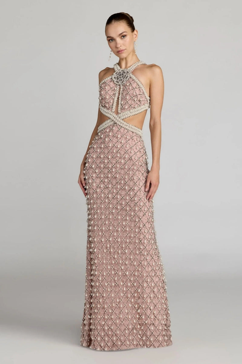 10098-Pink Pearl Embellished Open Back Gown polyester evening-gowns by Mac Duggal in pink for women Worldwide