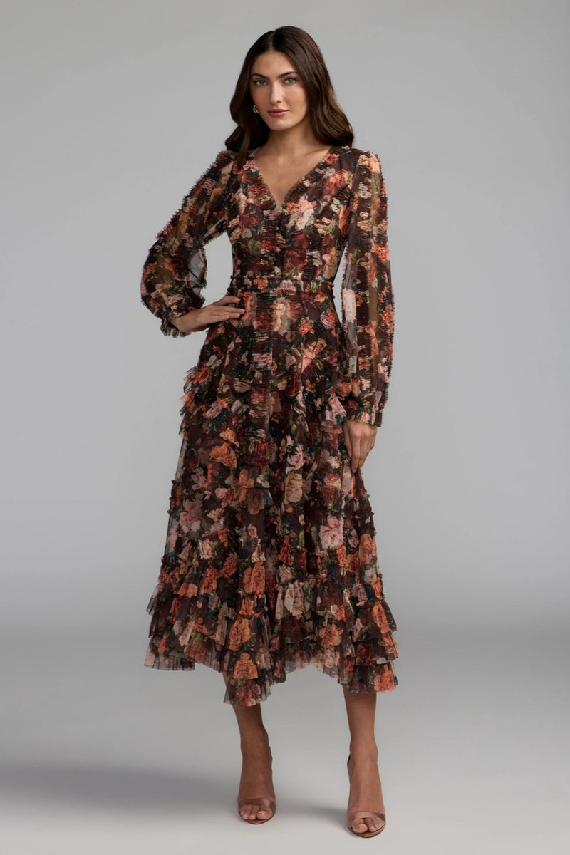 8509-Brown Floral Long Sleeve Mirco Ruffle Midi Dress polyester cocktail-and-party-dresses by Mac Duggal in multi-color for women Worldwide