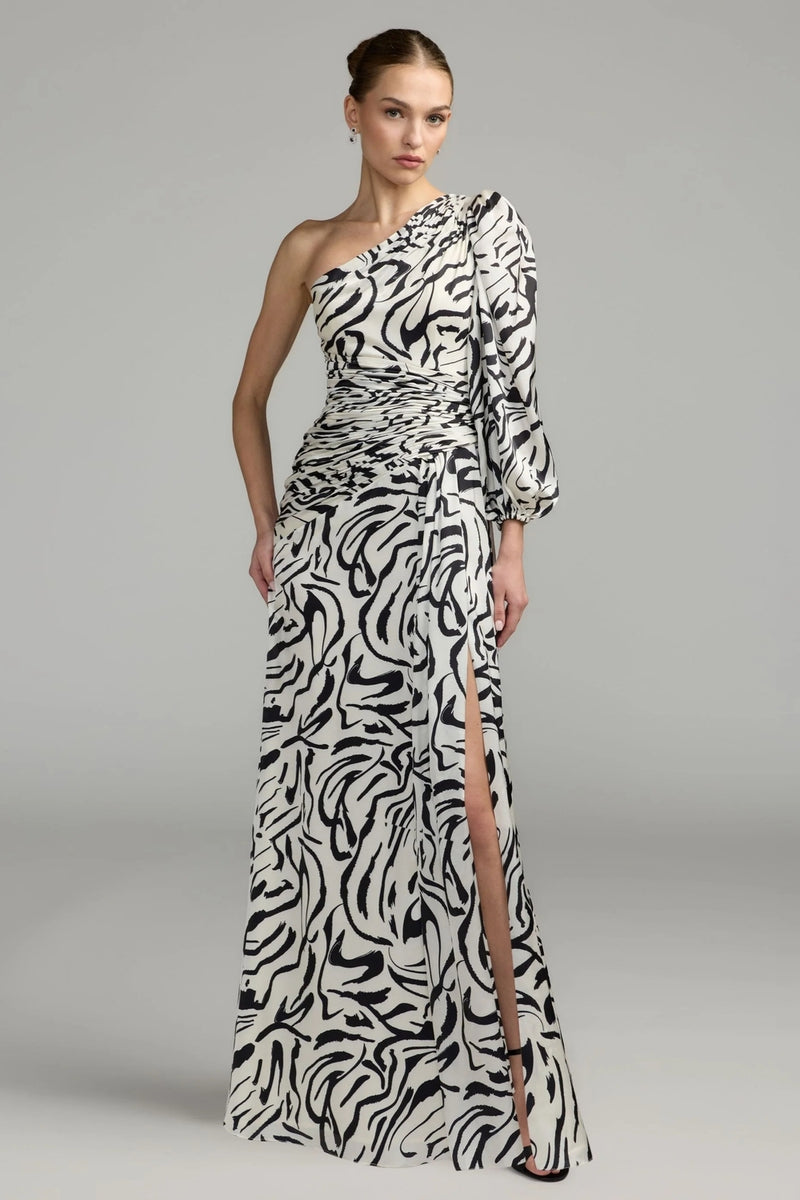 2634-White Abstract Print One Shoulder Charmeuse Gown With Slit polyester cocktail-and-party-dresses by Mac Duggal in multi-color for women Worldwide
