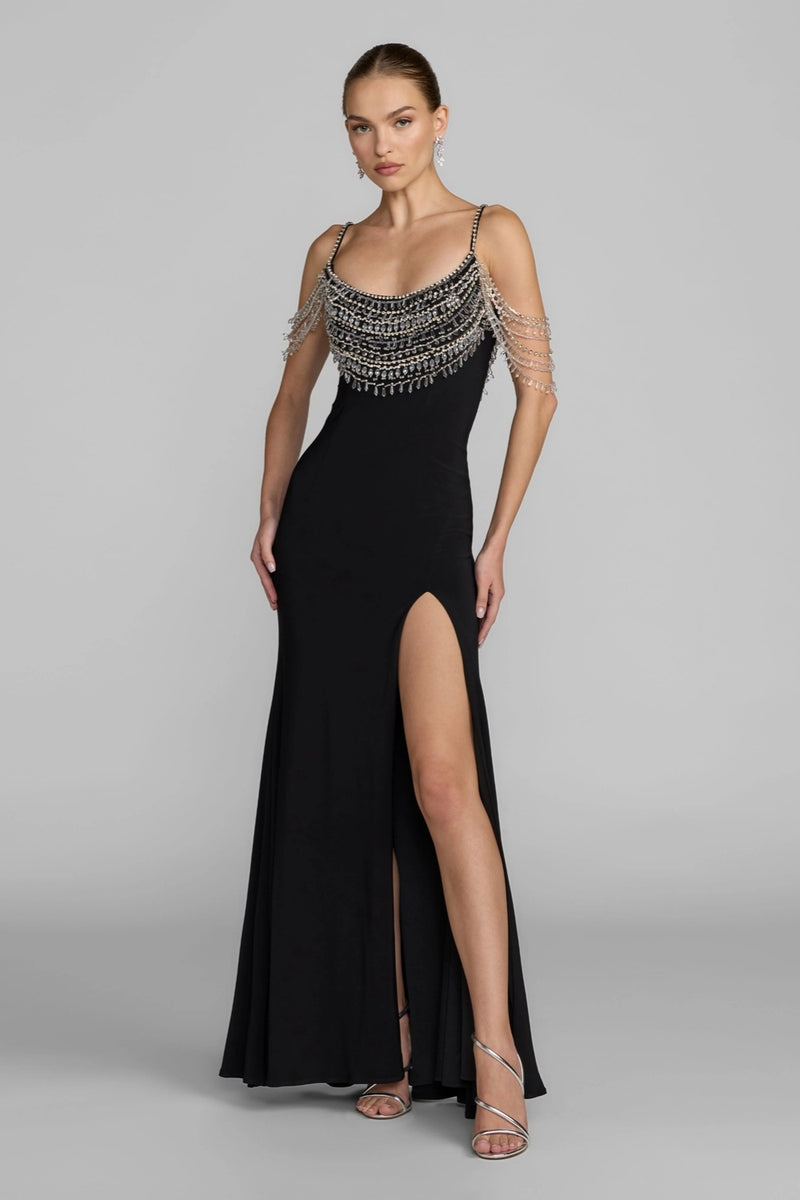 2375-Black Beaded Jersey Scoop Back Gown with Slit polyester evening-gowns by Mac Duggal in black for women Worldwide