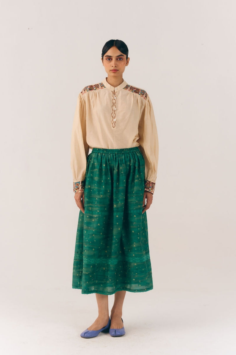 Emily Skirt-Green Tex cotton silk skirt by CORD in multi-color for women Worldwide