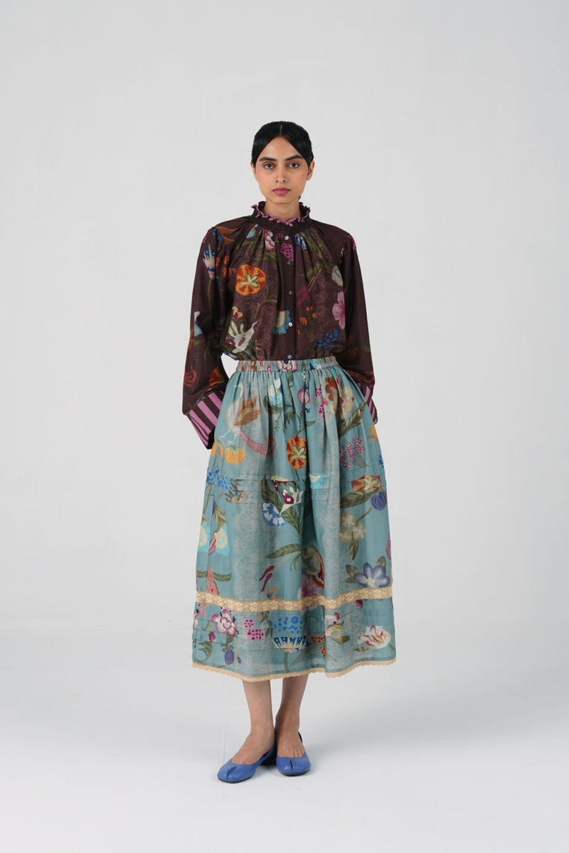 Emily Skirt-Blue Floret cotton silk skirt by CORD in multi-color for women Worldwide