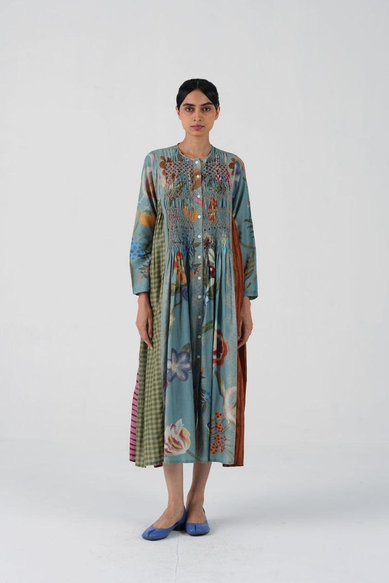 Frida Dress-Blue Floret cotton silk dress by CORD in multi-color for women Worldwide