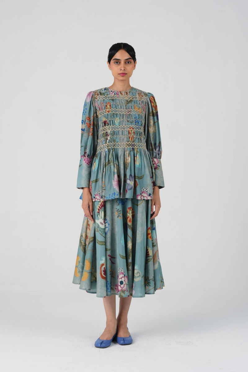 Gaia Set-Blue Floret cotton silk co-ord set by CORD in multi-color for women Worldwide