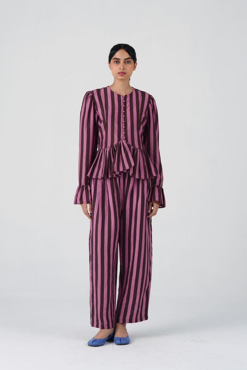 Jae Set-Brown And Pink Stripe cotton silk, linen co-ord set by CORD in multi-color for women Worldwide