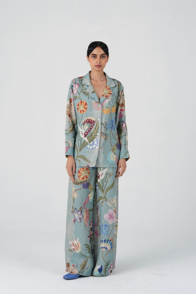Lounge Set-Blue Floret linen co-ord set by CORD in multi-color for women Worldwide