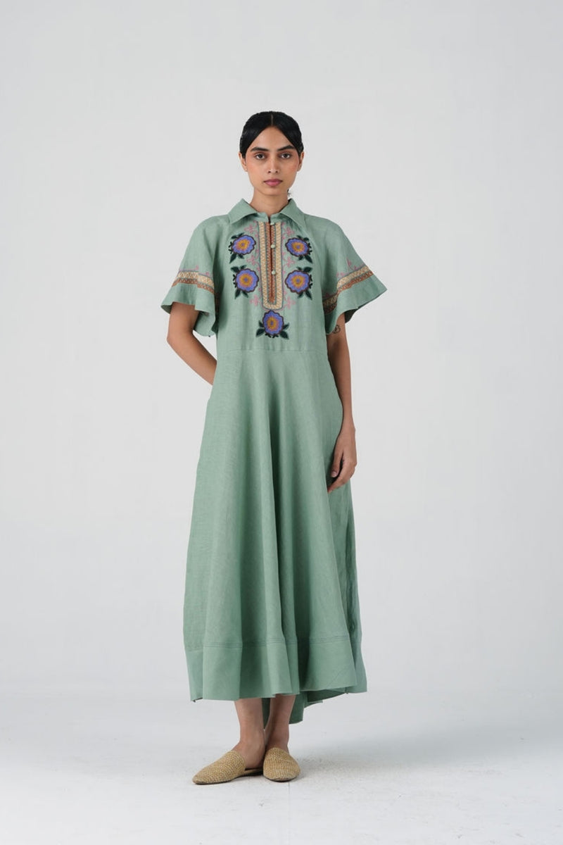 Maya Dress-Blue Marigold linen dress by CORD in multi-color for women Worldwide