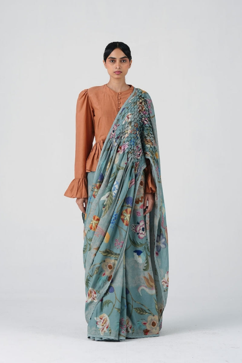 Smocked Saree-Blue Floret cotton saree by CORD in multi-color for women Worldwide