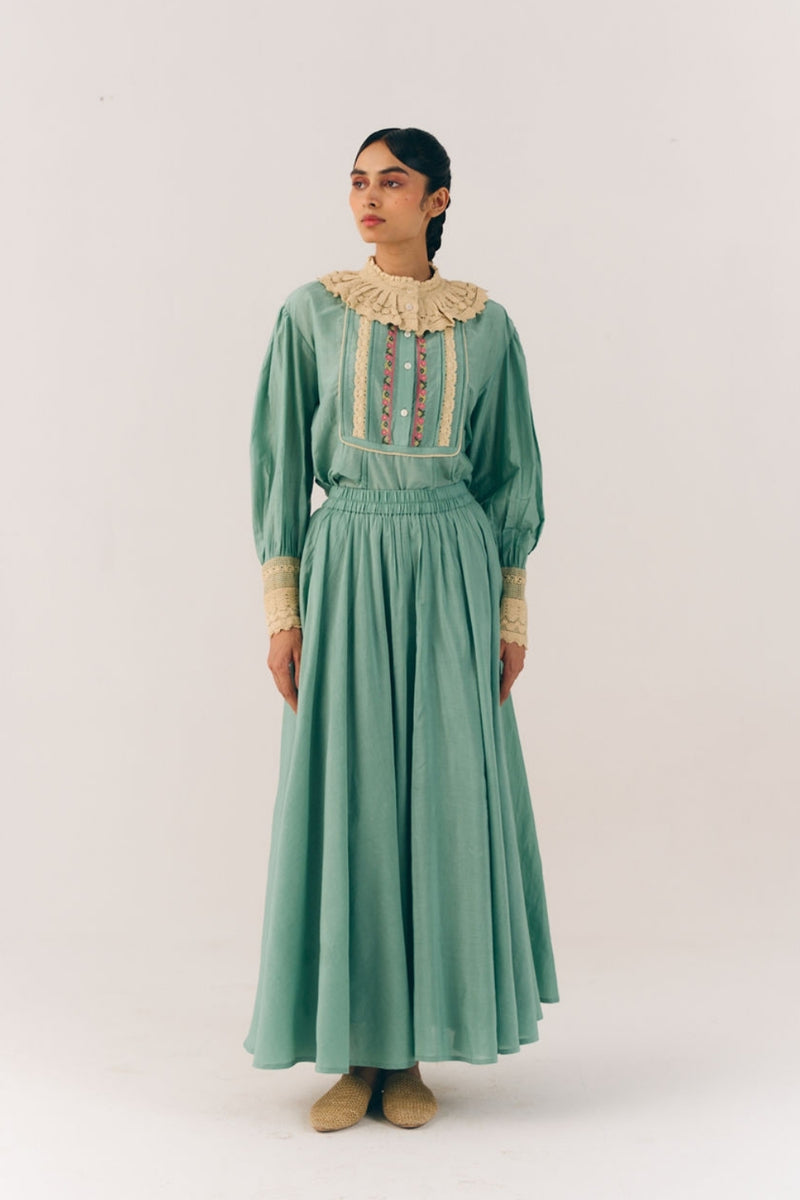 Umbrella Skirt-Aqua Floret cotton silk skirt by CORD in multi-color for women Worldwide