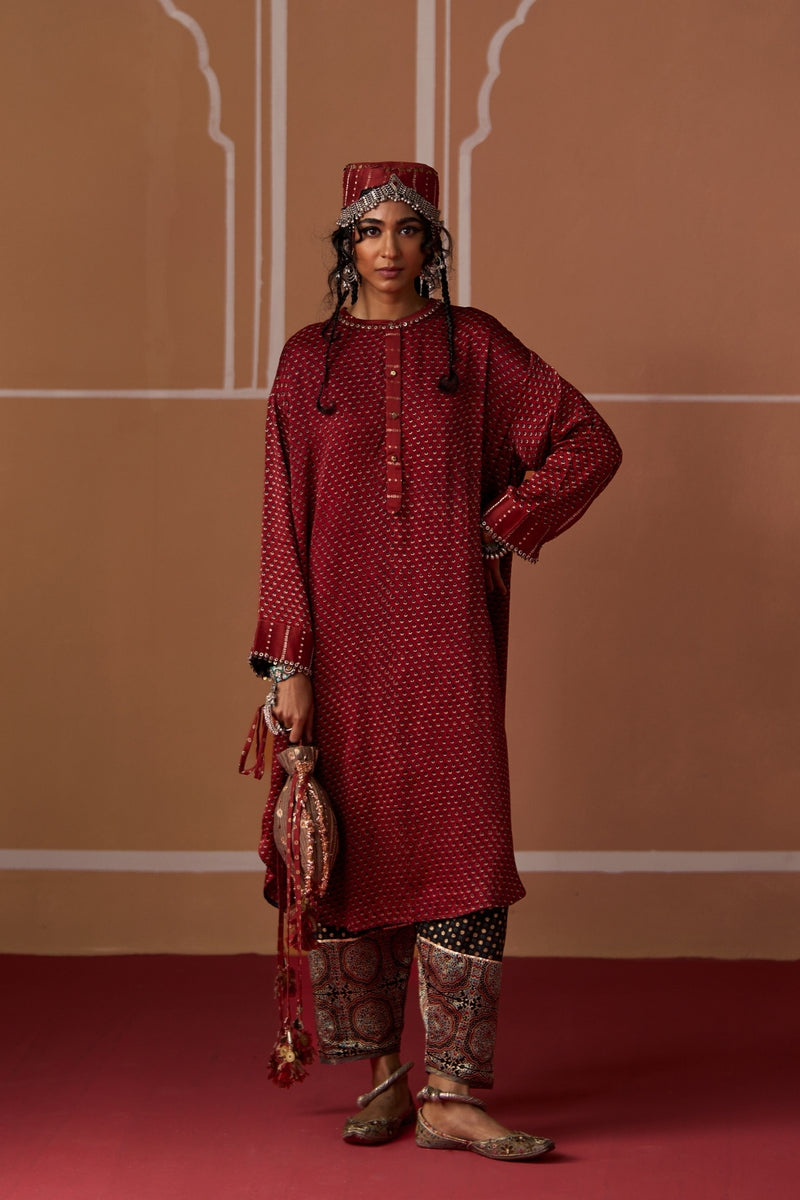 Zeba Shirt chanderi blouse by SWATTI KAPOOR in rust for women Worldwide