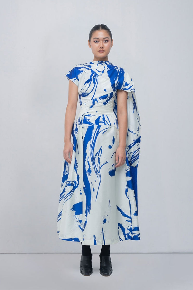 Shiori Draped Dress viscose by Leh Studios in blue/ ivory for women Worldwide