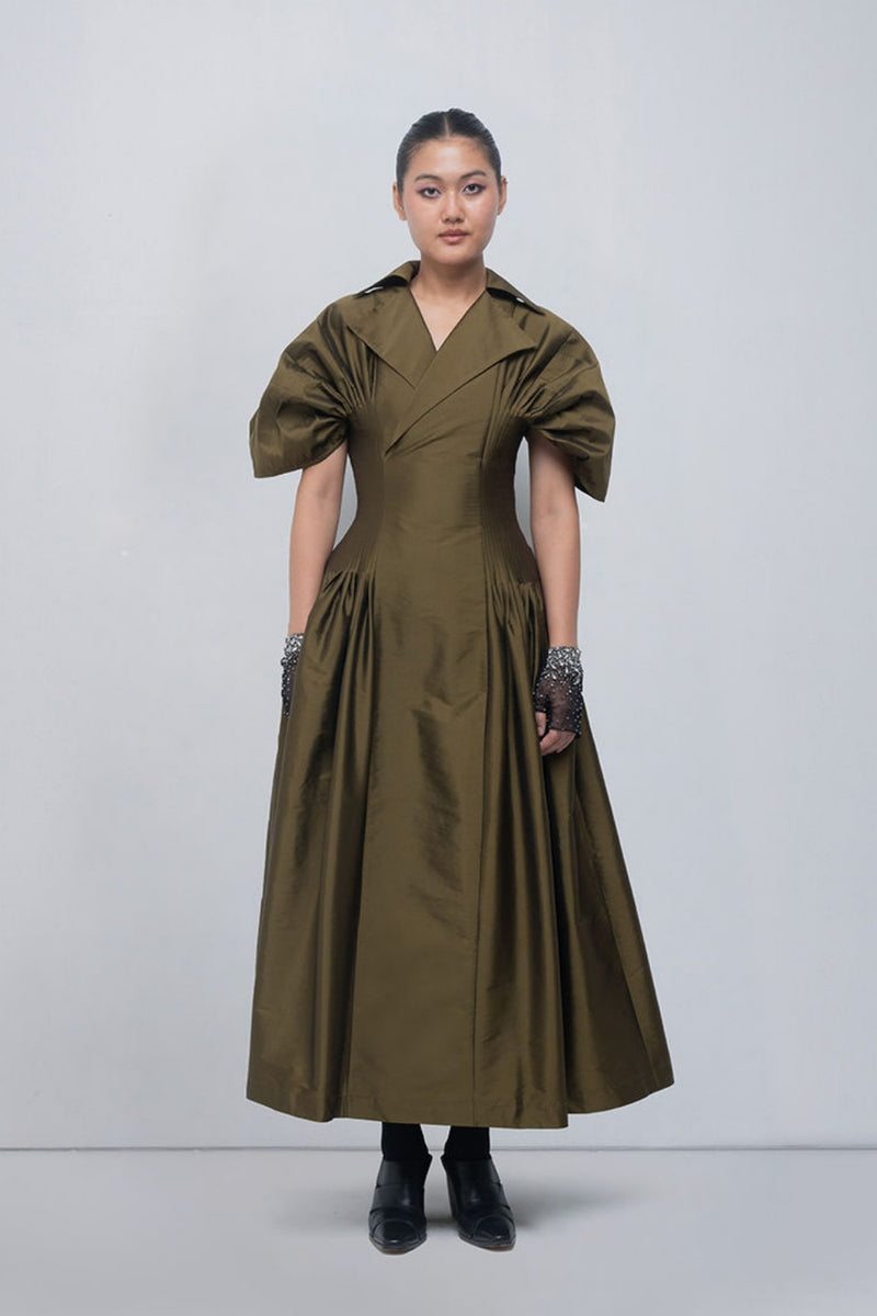Reina Dress viscose by Leh Studios in olive for women Worldwide