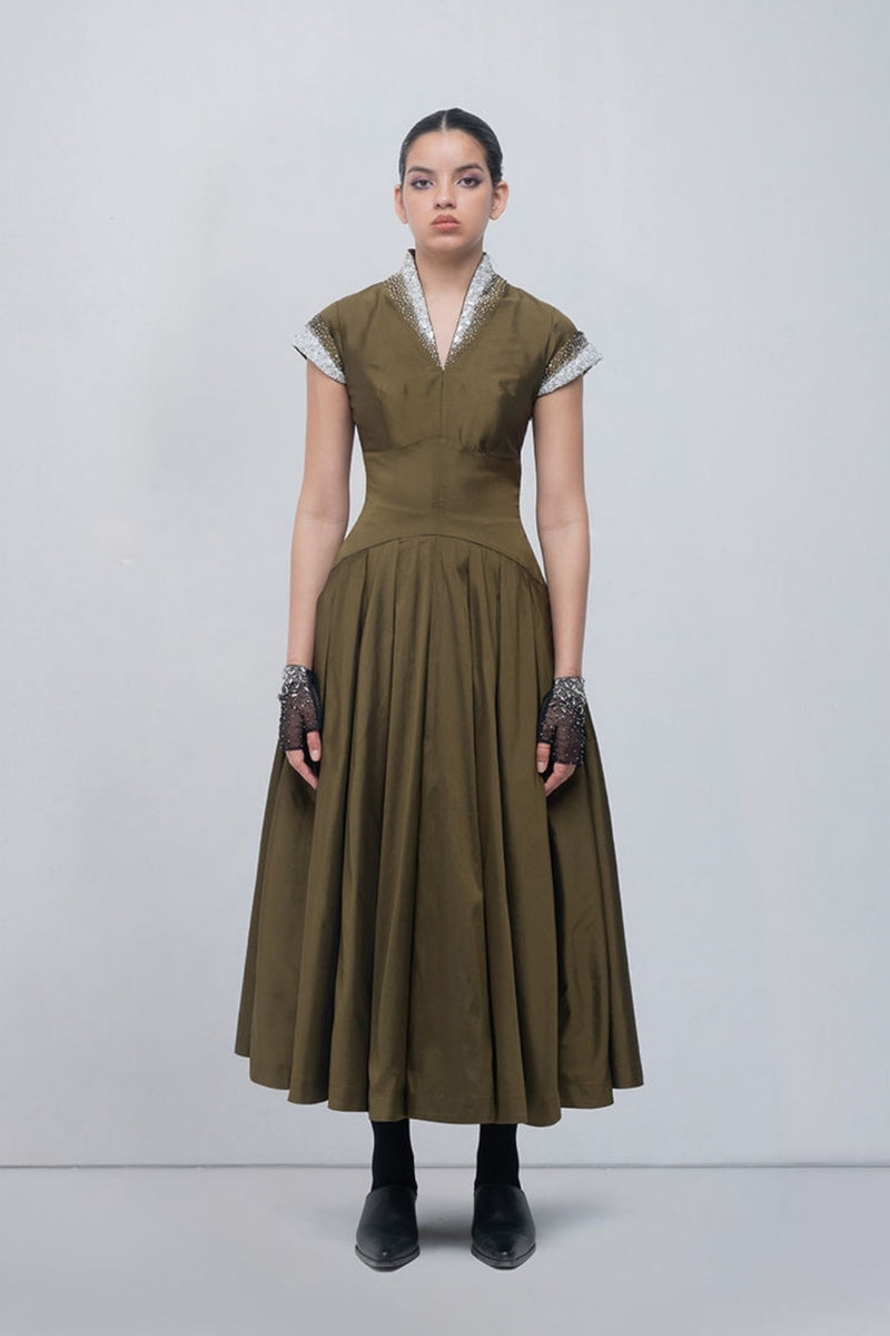 Margarite Dress-Olive viscose by Leh Studios in olive for women Worldwide