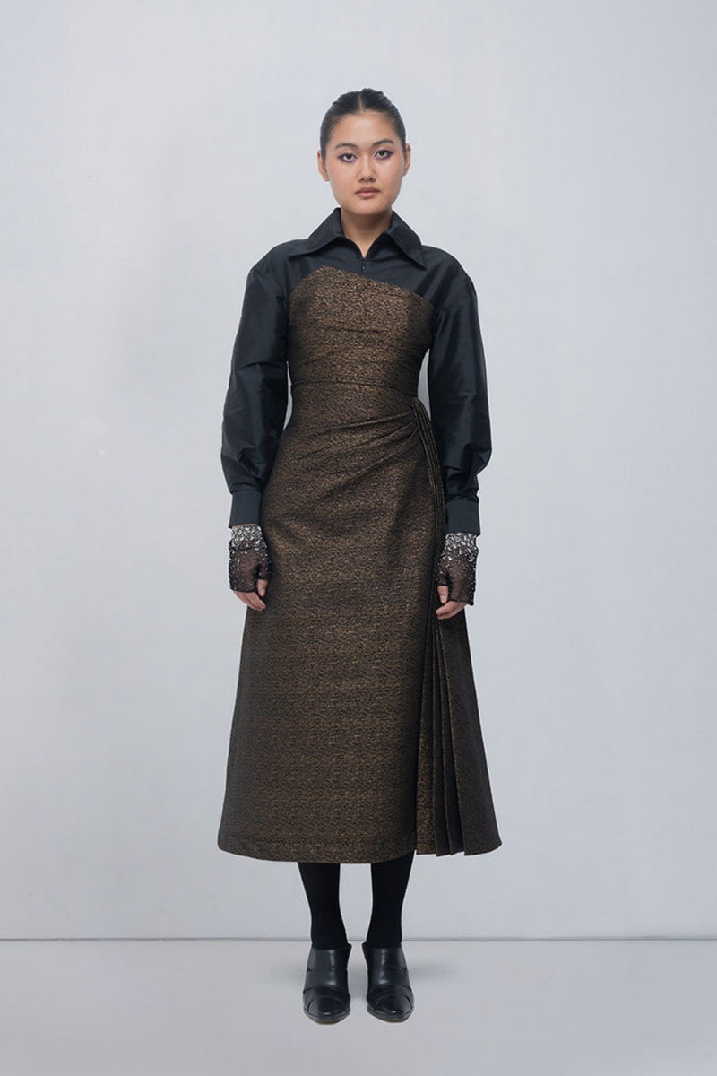 Maey Draped Dress viscose by Leh Studios in gold, black for women Worldwide