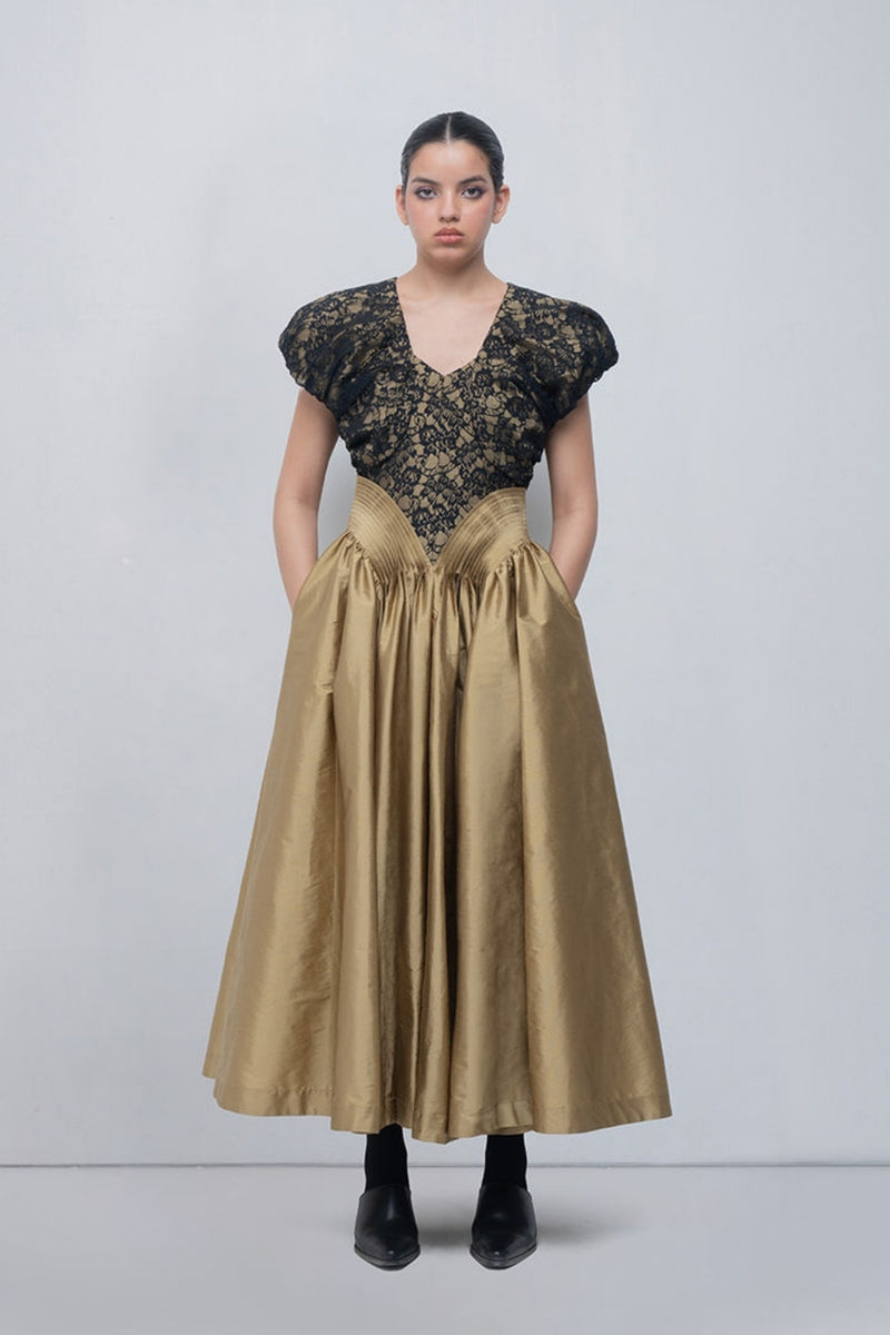 Lilith Dress viscose by Leh Studios in golden, black for women Worldwide