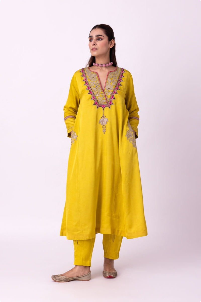 Peshwaz Kurta linen blend kurta/kurta set by Shades of India in yellow for women Worldwide