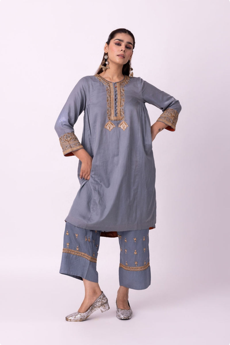 Jhaga Kurta silk cotton satin kurta/kurta set by Shades of India in blue for women Worldwide