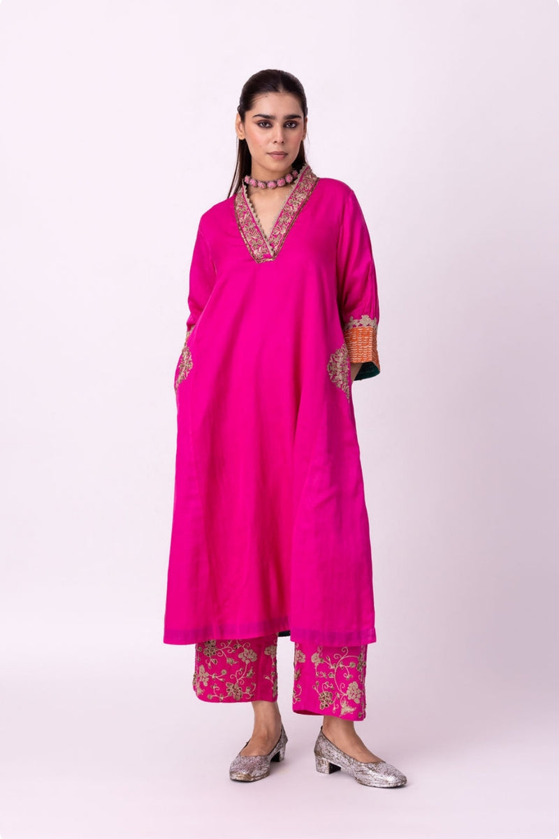 Dogri Kurta silk cotton satin kurta/kurta set by Shades of India in pink for women Worldwide