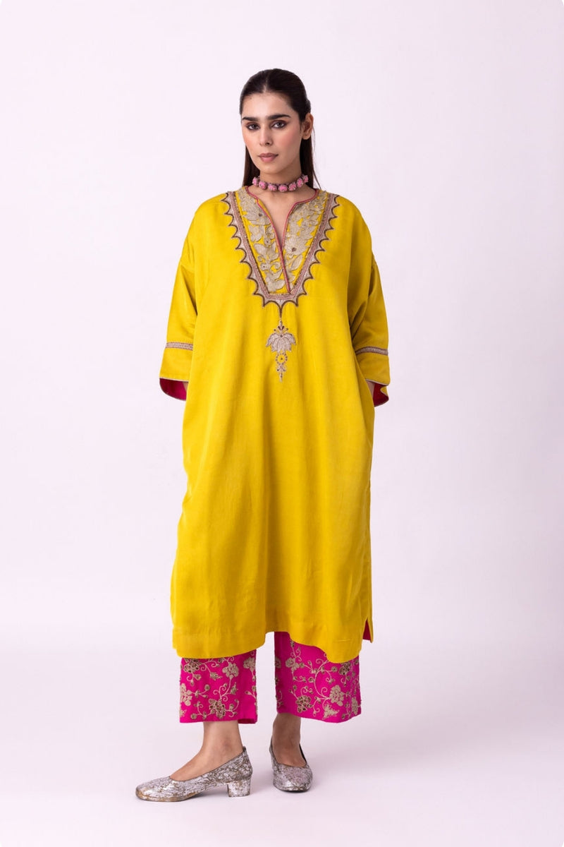 Sadri Kaftan linen blend indo-western by Shades of India in yellow for women Worldwide