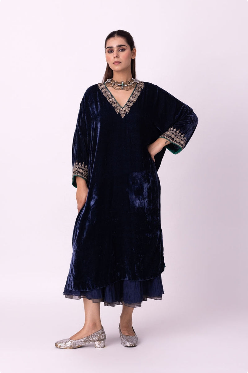 Nawaz Kaftan silk velvet indo-western by Shades of India in blue for women Worldwide