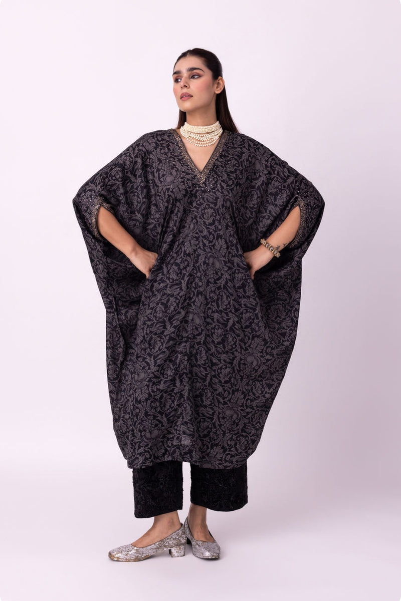 Badla Kaftan silk cotton satin kurta/kurta set by Shades of India in black/charcoal for women Worldwide