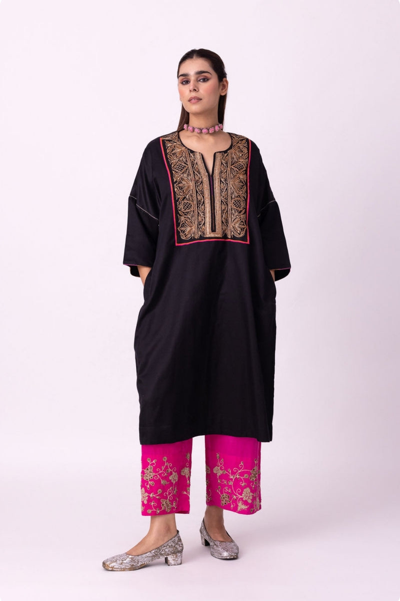 Badaam Kaftan silk cotton satin kurta/kurta set by Shades of India in black for women Worldwide