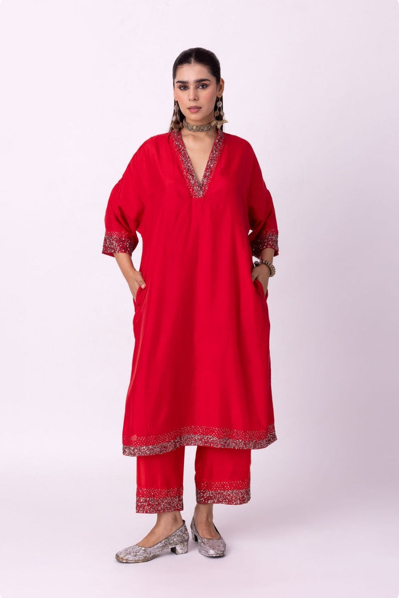 Aangan Kaftan silk indo-western by Shades of India in red for women Worldwide