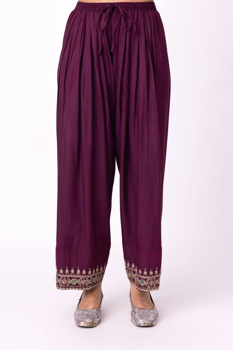 Chaila Salwar silk cotton satin pyjama/salwar by Shades of India in wine for women Worldwide