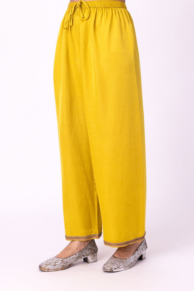 Isha Pyjama-Yellow linen blend pyjama/salwar by Shades of India in yellow for women Worldwide