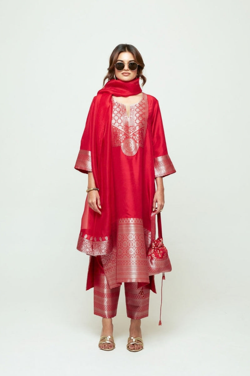 Meher Red Tunic Set silk ,organza kurta/kurta set by SOBARIKO in red for women Worldwide