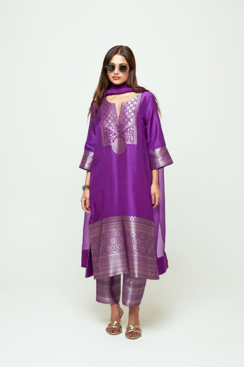 Meher Purple Tunic Set silk ,organza kurta/kurta set by SOBARIKO in purple for women Worldwide