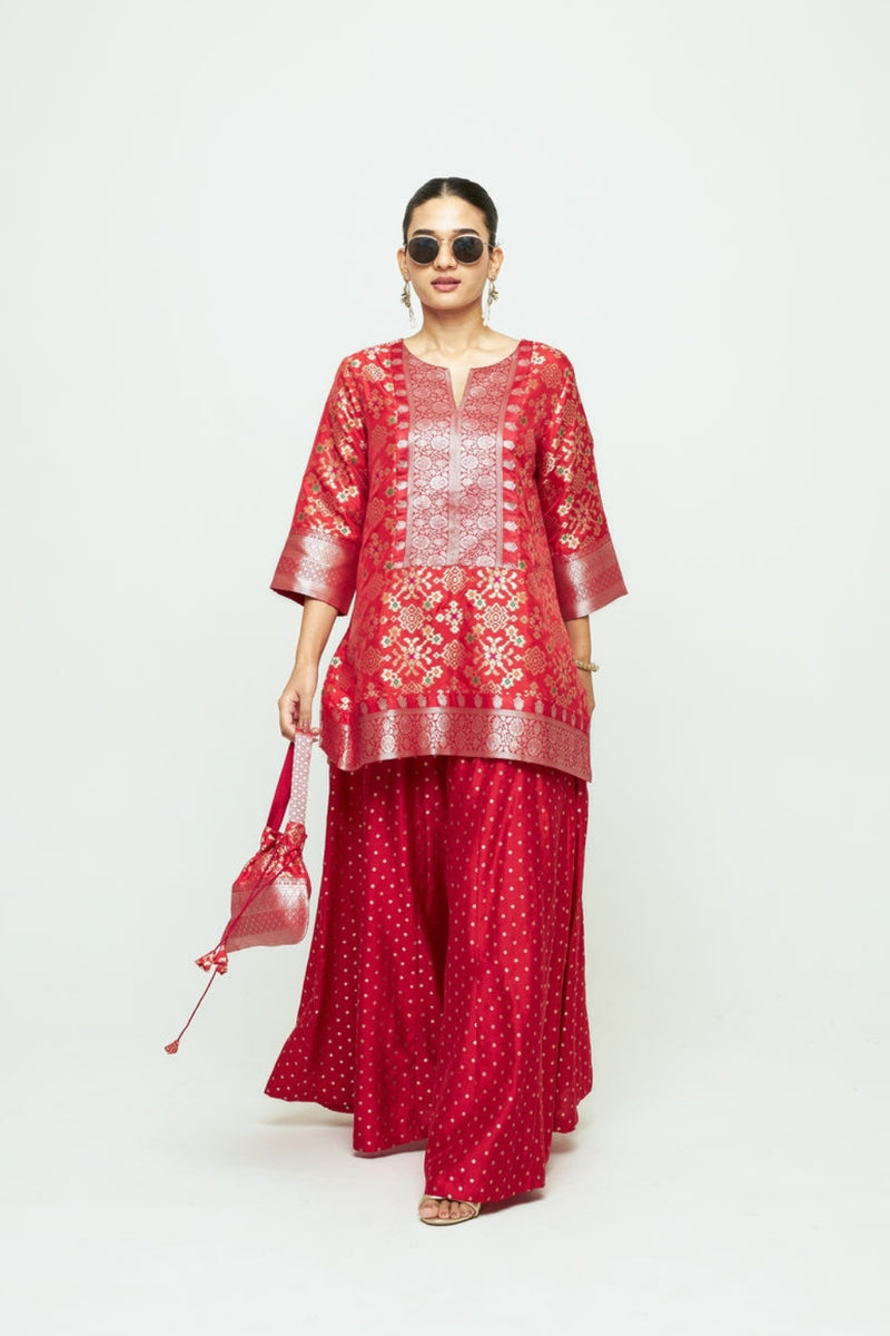 Meena Red Kurta Sharara Set silk kurta/kurta set by SOBARIKO in red for women Worldwide