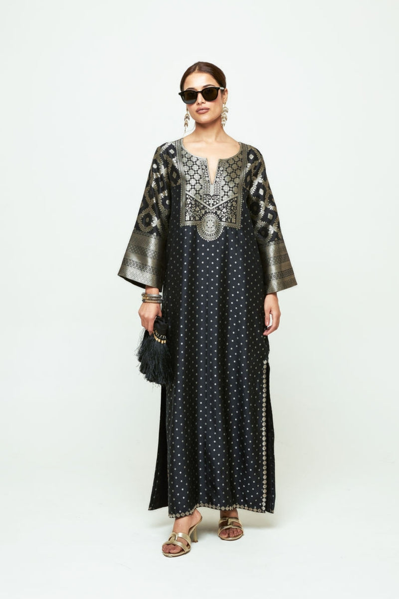 Neet-Statement Brocade Silk Kaftan silk indo-western by SOBARIKO in black for women Worldwide