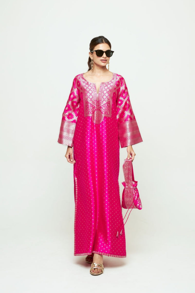 Neet-Statement Silk Kaftan With Brocade Detail silk indo-western by SOBARIKO in pink for women Worldwide