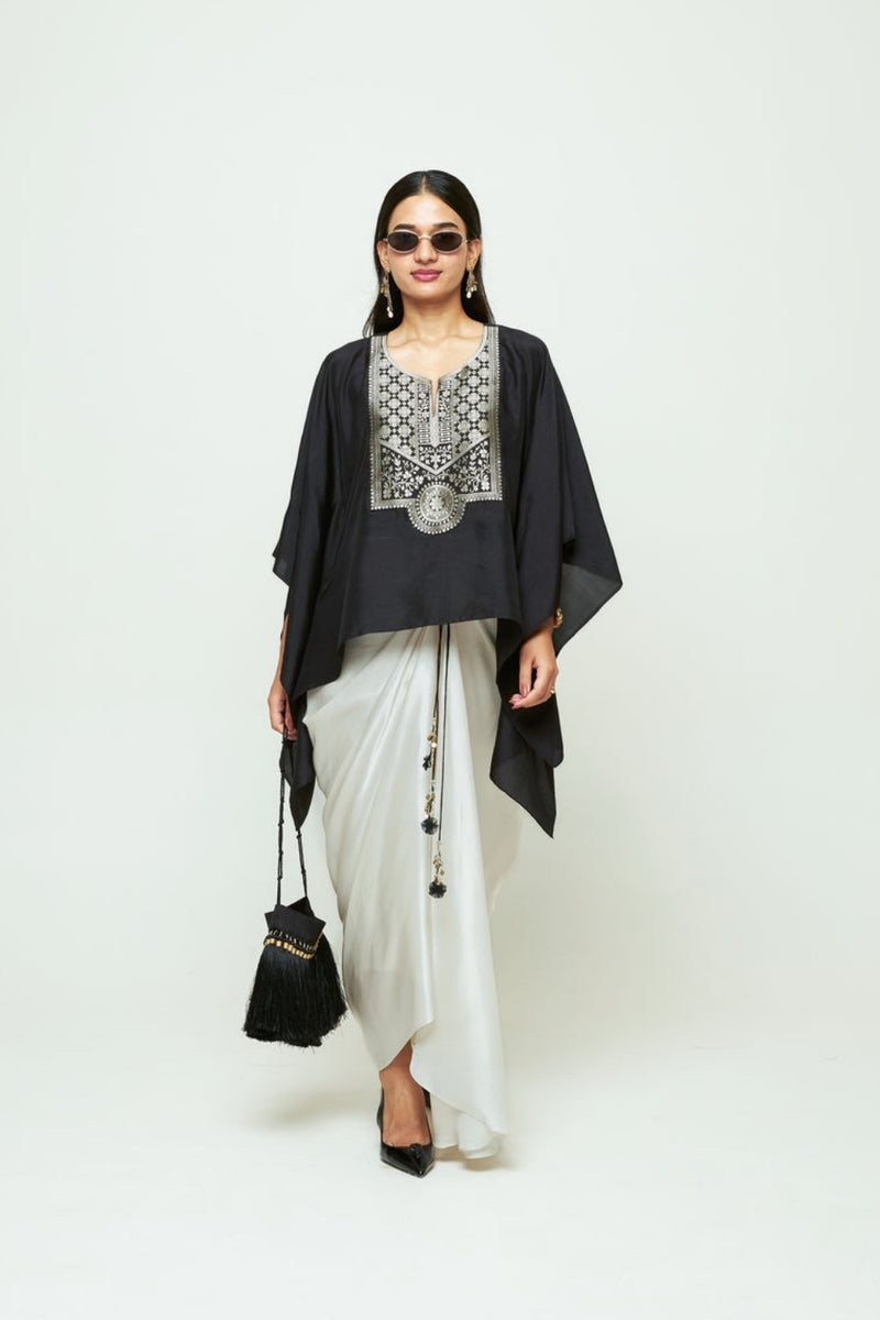 Ashi-Statement Kaftan With Skirt-Black silk, modal satin indo-western by SOBARIKO in black, ivory for women Worldwide